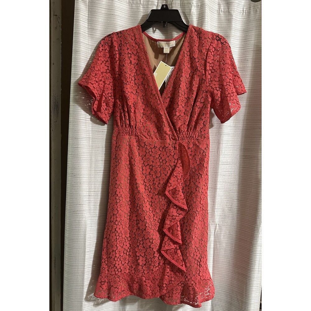 Women's Coral Lace Wrap Dress